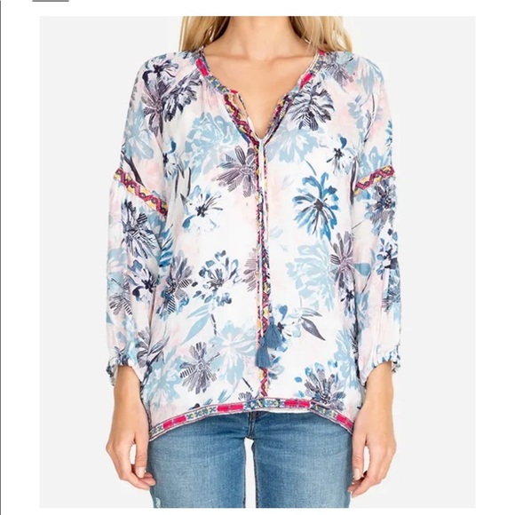 NWT! JOHNNY WAS Size XL white with blue multi peasant blouse with front tie - Picture 2 of 14
